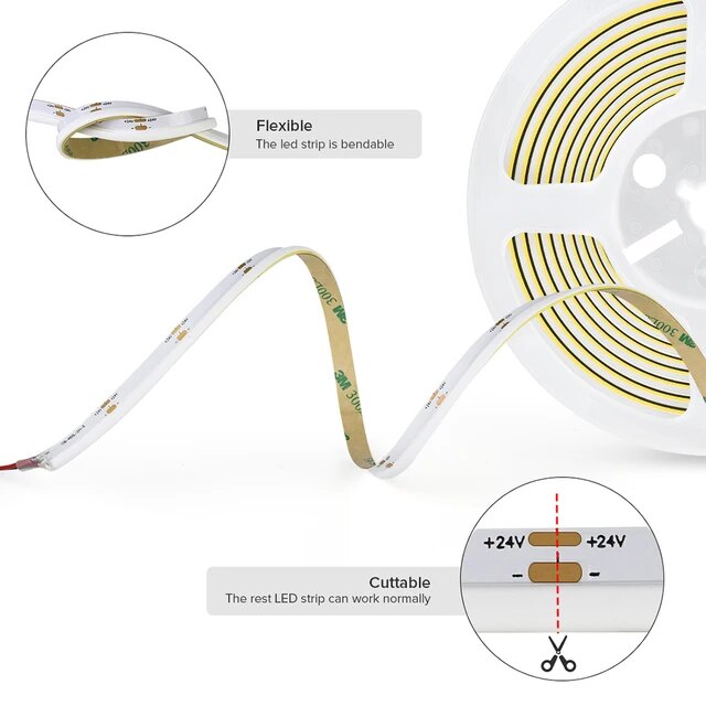 COB LED Strip Side View WW 24vDC RA90 480 Led/m 5m/Roll