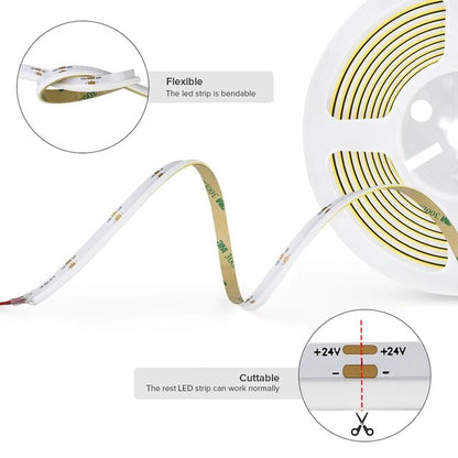 COB LED Strip Side View NW 24vDC RA90 480 Led/m 5m/Roll